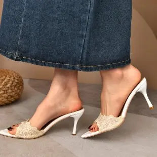Luxury Lace Crochet Mule Slipper Woman Brand Design Point Toe High Heel Slide Sandal Ladies Elegant Evening Party Stiletto Shoes