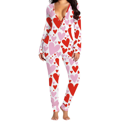 Christmas Women's Jumpsuit Pajamas Long Sleeve V Neck Themed Print Bodysuit Sleepwear with Drop Seat Butt Flap