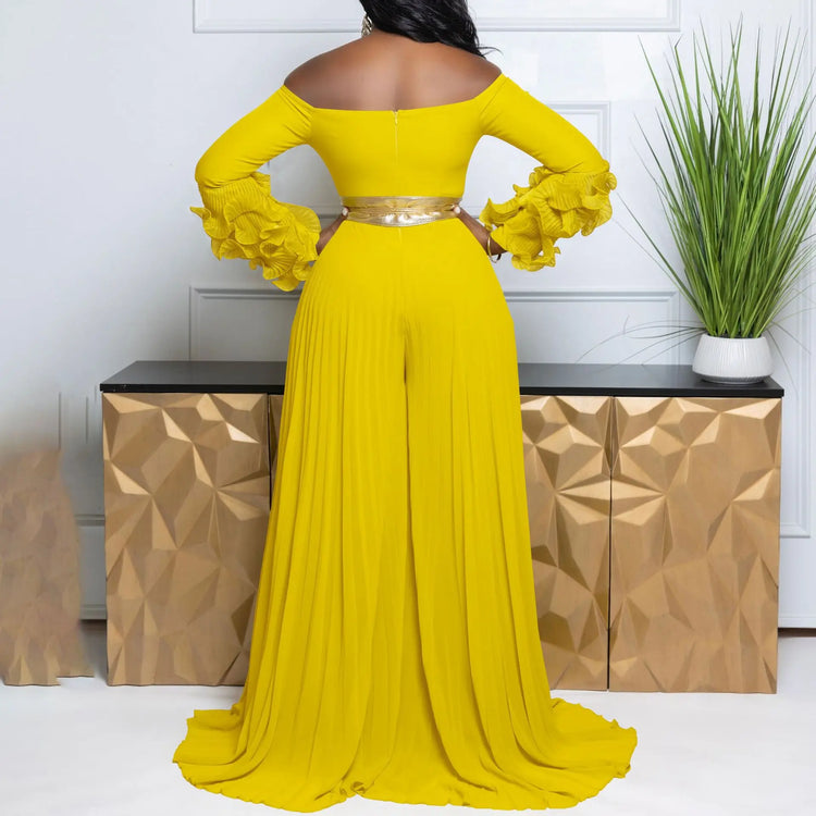 CM.YAYA Women Long Ruffles Sleeve Pleated Slash Neck Wide Leg Long Jumpsuits Party Beach Belt Street Sexy Africa Outfit Rompers