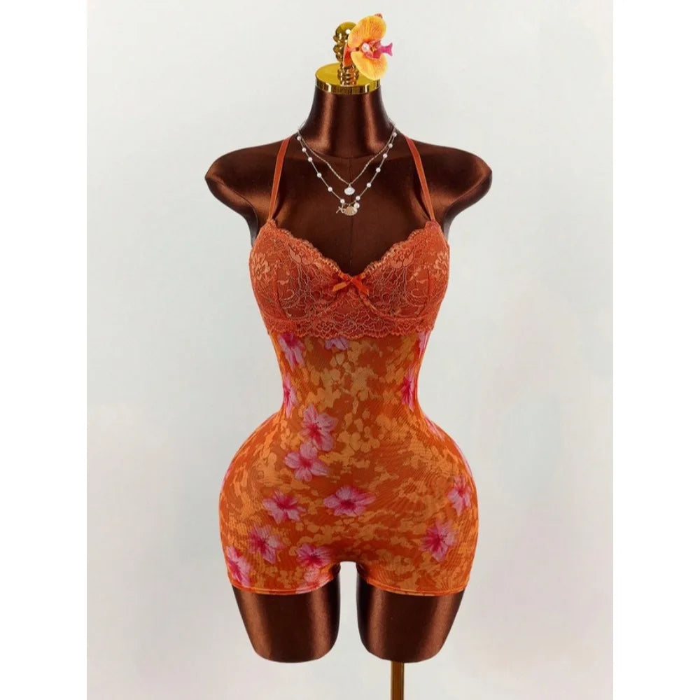 HLJ&GG Vintage Flowers Print Mesh Spaghetti Strap Bodycon One Piece Rompers Women V Neck Sleeveless Jumpsuits Fashion Overalls