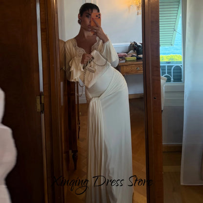 Elegant Mermaid Evening Dress Temperament Lace V-Neck Sweep Train Customized Celebrity Gowns Charming Jersey Prom Dresses