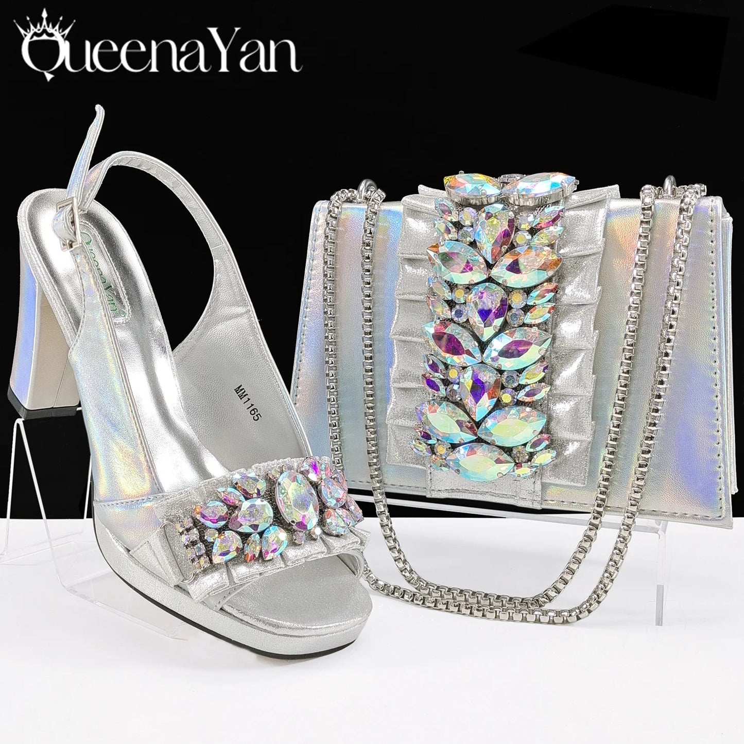 Queena Yan New Arrival Mature Elegant Silver Color Rhinestore Design Party Wedding Lady Shoes and Bag Set for Platform Design