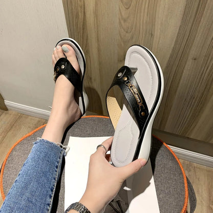 Sandals for Women Flip Flops Metal Button Slides Slipper Beach Dance Non-slip Casual Wedge Shoes Female Summer Slippers Sandals