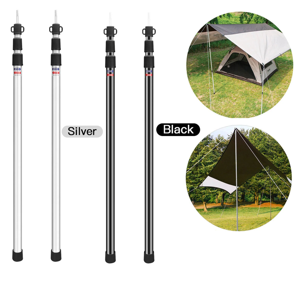2.3M Tall Set of 2 Telescoping Aluminum Camping Tent Poles Portable Adjustable Tarp Rods for Sun Shelter Canopy Awning