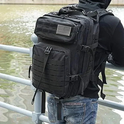 45L Tactical Fishing Backpack Molle Water Resistant Outdoor Tackle Bag Large Capacity Storage Camping Hiking Travel Rucksack Trekking Men Women Anglers Fishermen Rod Reel Gear Durable Multi Pocket Wear Resistant Lake River Se