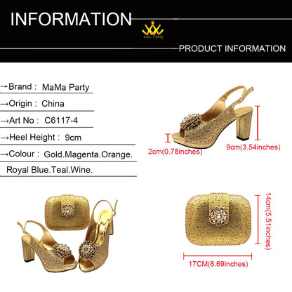 New Design Peep Toe African Spring Autumn Lady Shoes and Bag Set in Gold Color Women Sandal in Wedding