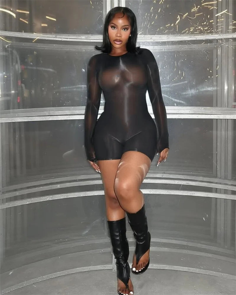 Y2k Hot Solid Long Sleeve Shorts Jumpsuits for Woman Bodysuit Fancy Club Skinny Stretchy Party Night Mesh One Pieces Playsuit