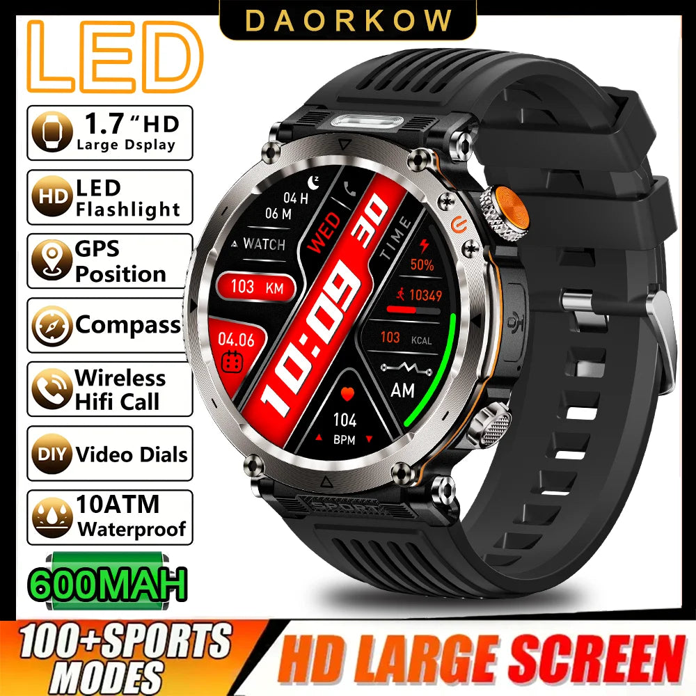 DAORKOW 2026 New Model 10ATM Waterproof 600mAh Smartwatch Compass LED Flashlight Bluetooth Call Outdoor Sports Smartwatch