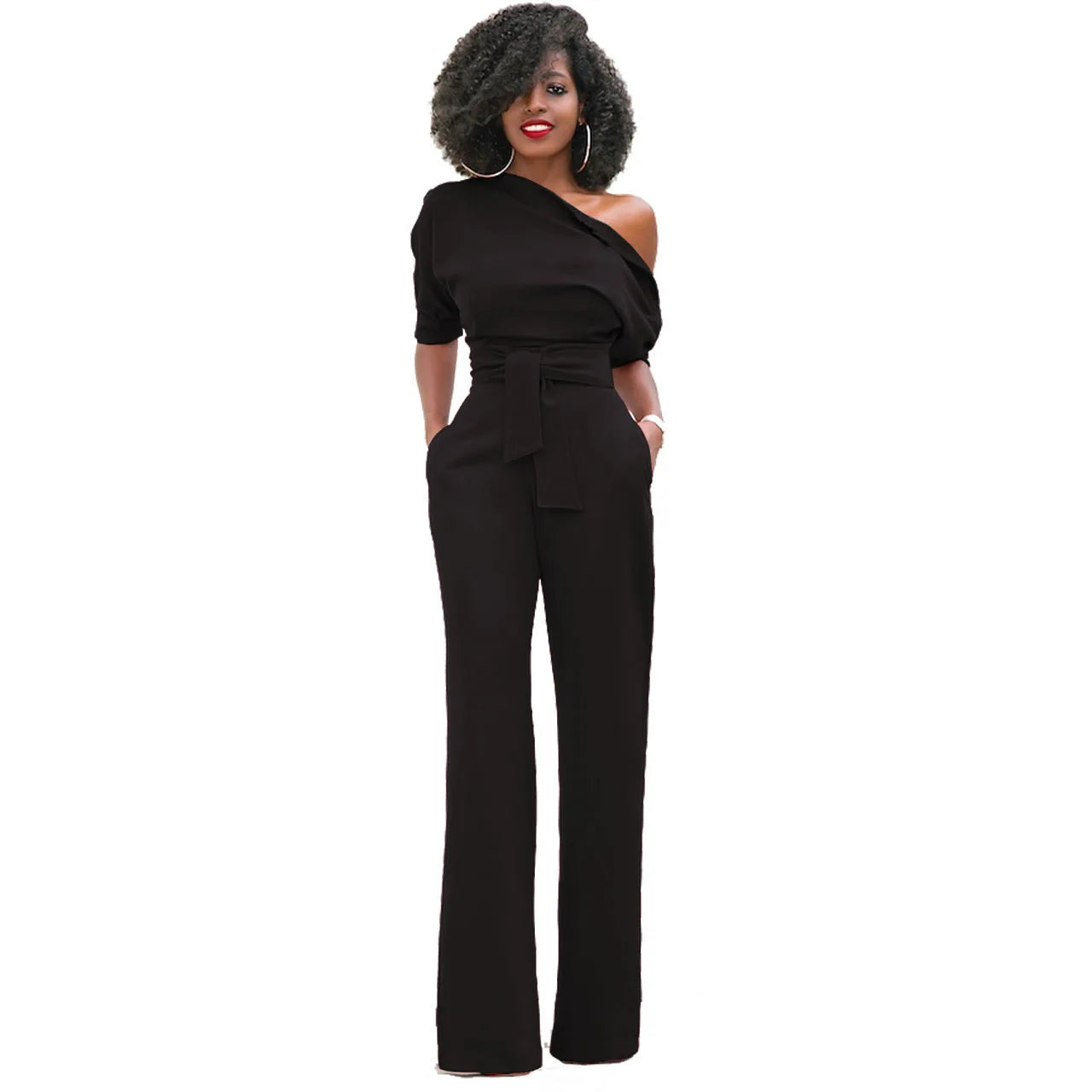 2024 Summer New Fashion Women's Jumpsuit Solid Color Slanted Shoulder Elegant Temperament Sleeveless Long Wide Leg Jumpsuit