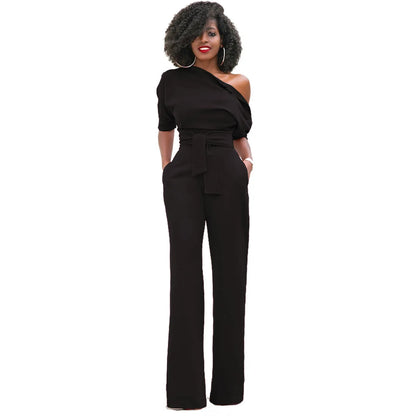 2024 Summer New Fashion Women's Jumpsuit Solid Color Slanted Shoulder Elegant Temperament Sleeveless Long Wide Leg Jumpsuit