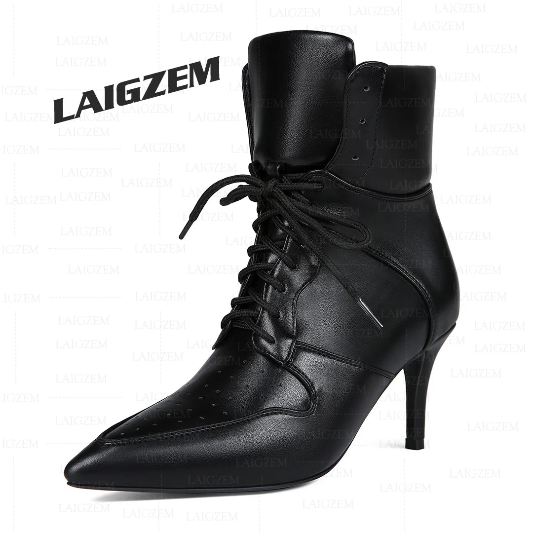 LAIGZEM Women Ankle Boots 7.5CM Thin High Heels Short Boots Lace up Faux leather Ladies Shoes Woman Large Size 38 41 45 47