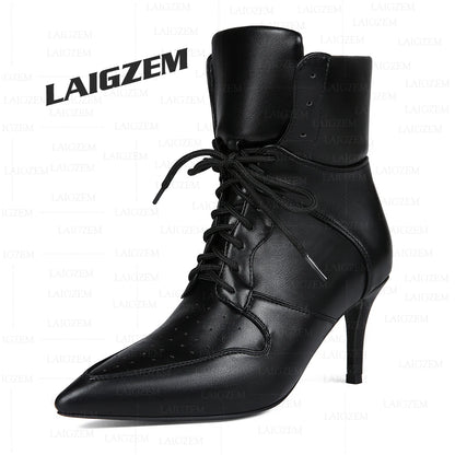 LAIGZEM Women Ankle Boots 7.5CM Thin High Heels Short Boots Lace up Faux leather Ladies Shoes Woman Large Size 38 41 45 47