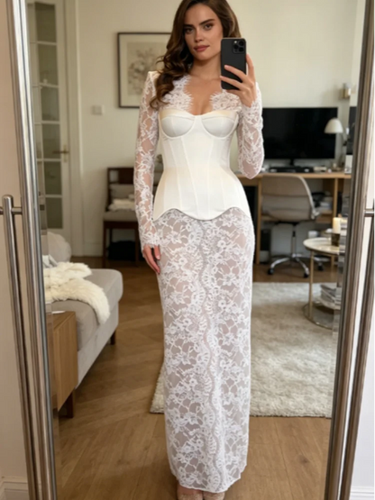 Elegant White Lace Corset Dress For Women Chic Bustier Top Long Sleeve Sheer Lace Maxi Gown 2026 New Lady Date Party Vestidos
