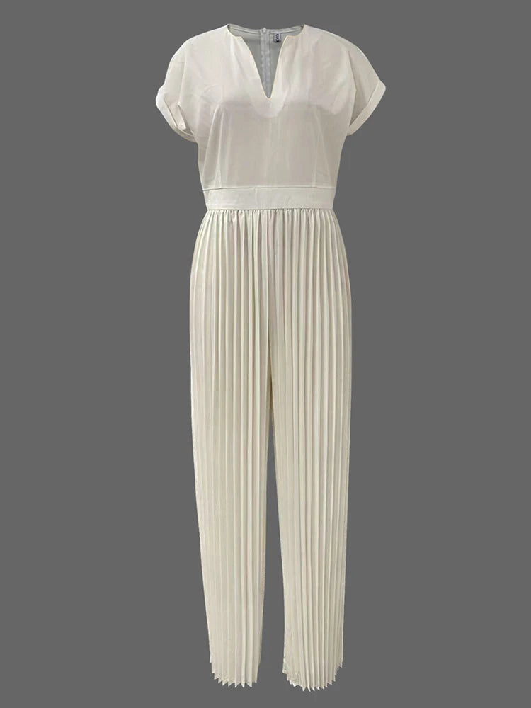 Elegant Pleated Jumpsuits&Rompers for Women V-Neck Jumpsuits Fashion Summer High Waisted Luxury Birthday Party Outfit