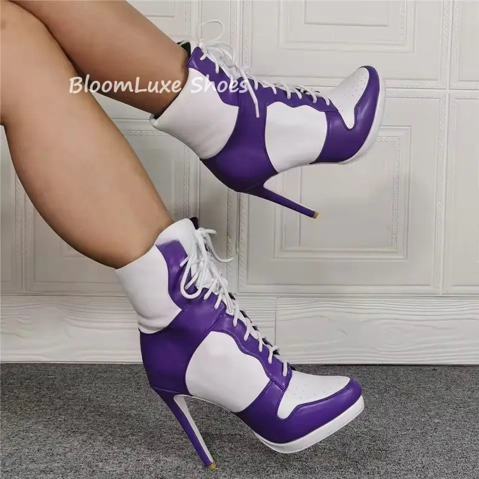 Round Toe Sports Lace Up Women's Short Boots 2026 Thick Sole Mixed Color Stilettos Autumn Winter New Street Style Casual Rock Bo