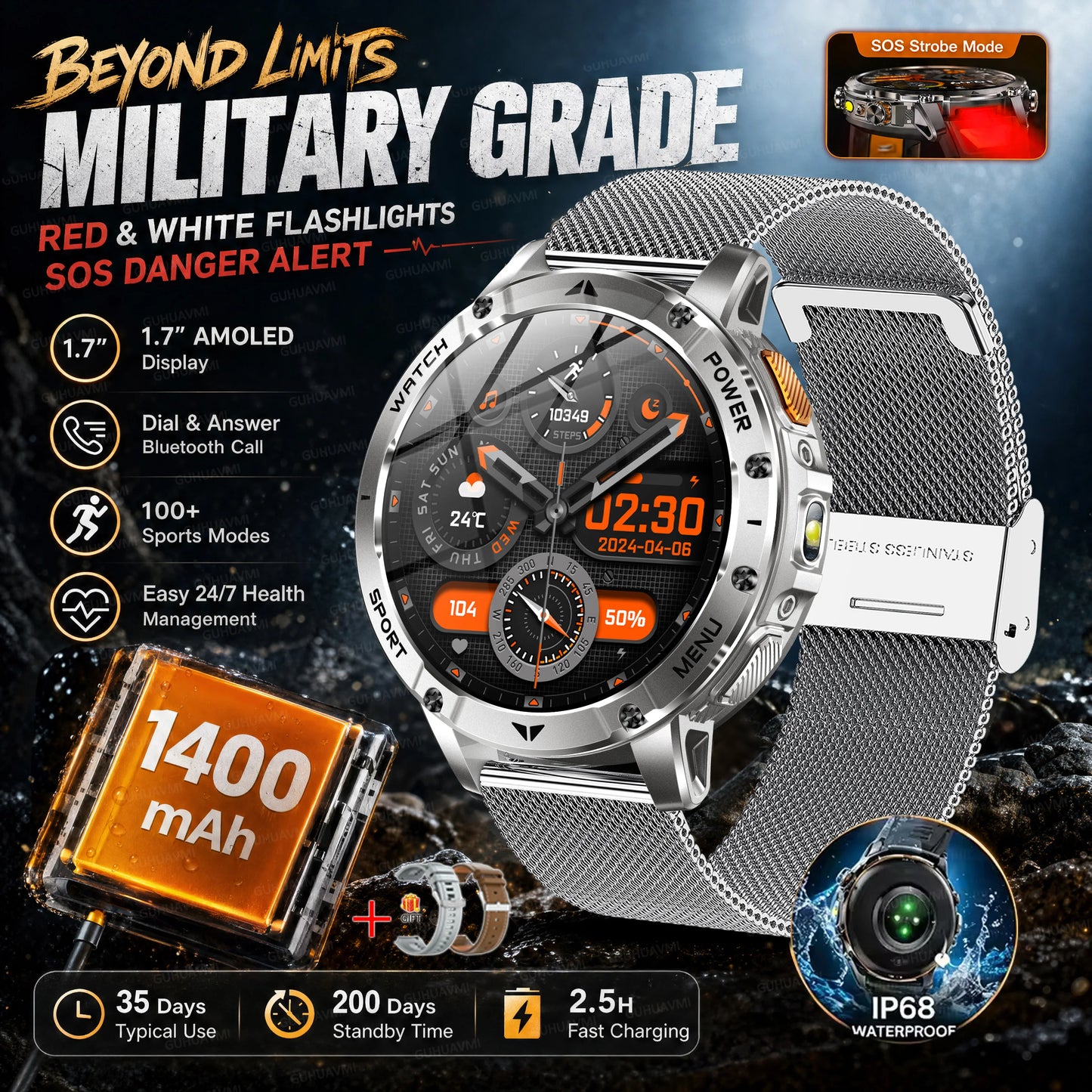TANK Ultra Outdoor Smartwatch 1400mAh Battery Military Watches Waterproof Two-color Tactical LED Flashlight Men Sports Bracelet