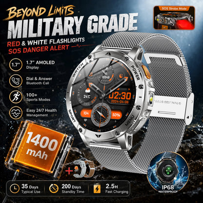 TANK Ultra Outdoor Smartwatch 1400mAh Battery Military Watches Waterproof Two-color Tactical LED Flashlight Men Sports Bracelet