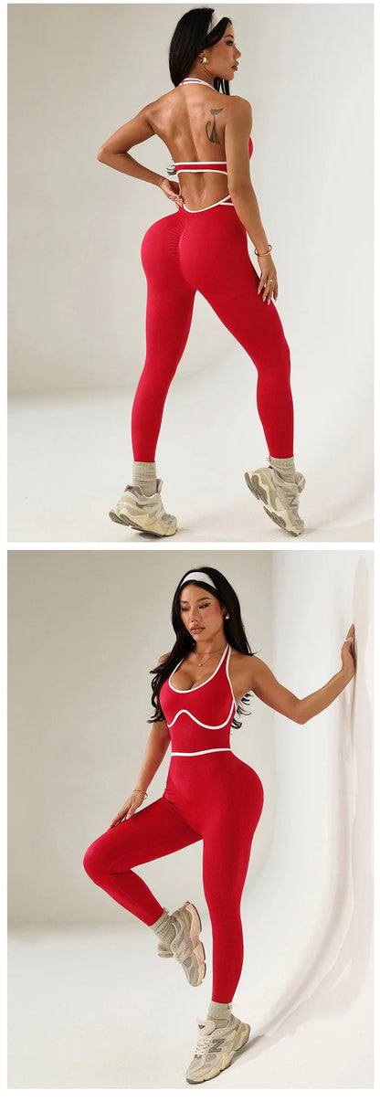 European Style Line Block Bodysuit Women One Piece Yoga Set Seamless Fitness Set Long Pants Gym Workout Fashion Sports Bodysuit