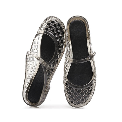 Women's Light Luxury Crystal Jelly Mary Jane Flat Sandals Hollow-out Breathable Closed Toe Summer Casual Non-slip Slip-on Shoes