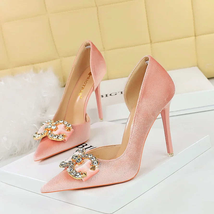 BIGTREE Party Pumps 7cm Thin High Heels Western Style Velvet Shallow Pointed Toe Side Hollow Crystal Pearl Bow Lady Shoes Pink