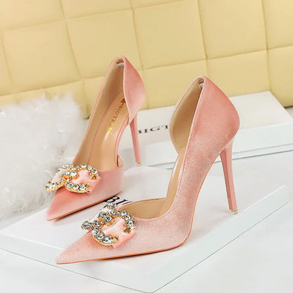 BIGTREE Party Pumps 7cm Thin High Heels Western Style Velvet Shallow Pointed Toe Side Hollow Crystal Pearl Bow Lady Shoes Pink