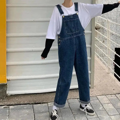5XL Large Size Jumpsuit Women's Jeans Rompers Retro Big Pocket Loose Denim Overalls Korean Shoulder Strap Wide-leg Overalls