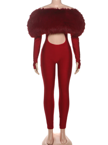 Weird Puss Furry Slash Neck Jumpsuits Woman Luxury Hipster Patchwork Trend Sexy Hollow Stretch Fitness Club Activity Overalls