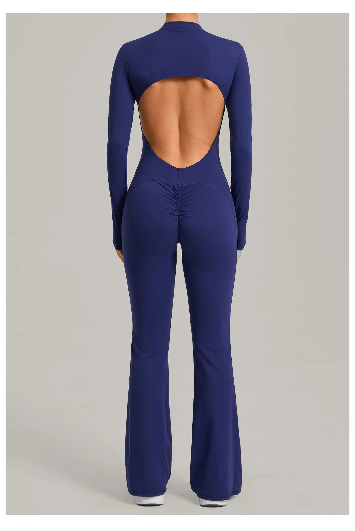 Women Long Sleeve Zip Yoga Bodysuit Cutout Back Scrunch Butt Lift Tummy Control Sweat Wicking Fabric Gym Workout Flare Jumpsuit