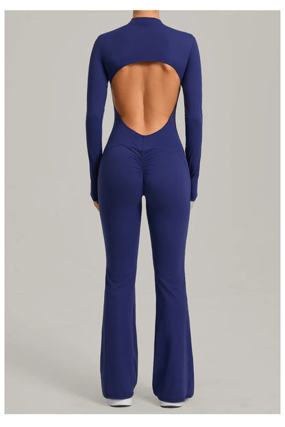 Women Long Sleeve Zip Yoga Bodysuit Cutout Back Scrunch Butt Lift Tummy Control Sweat Wicking Fabric Gym Workout Flare Jumpsuit