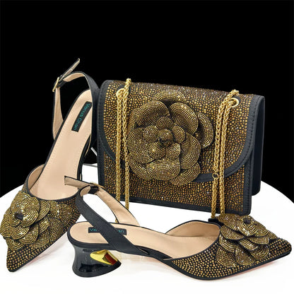 Italian Design Evening Shoes And Bags Paired With Handmade Petal Gold Colour Pointed Toe Mid-Heel Shoes For Women Party Shoes
