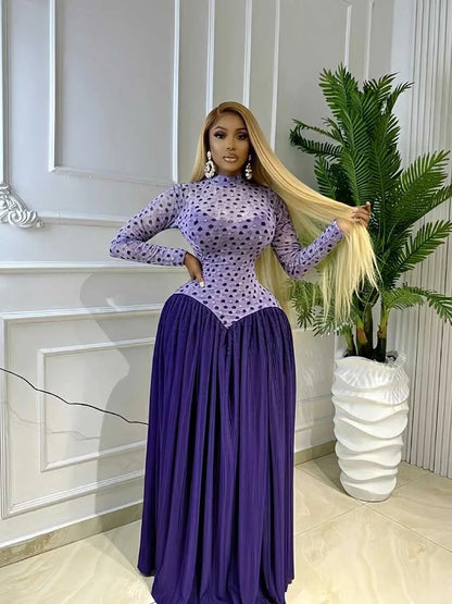 Female Clothing Spring Elegant and Chic Dress Patchwork Transparent Mesh Long Sleeve Pleated Maxi Dress High Waist