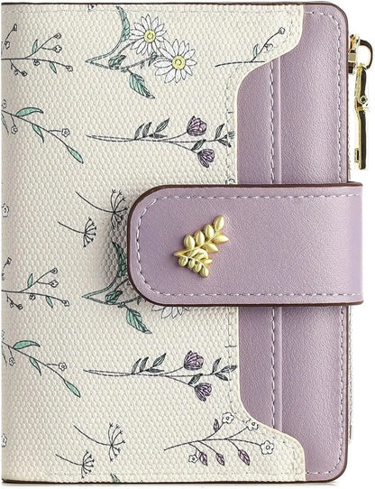 Small Wallets for Women Leather foldable Zipper Pocket Wallet Cute Flower Credit Card Holder Coin Purse with ID Window
