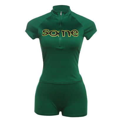 Y2K trendy short sleeved half zip top with letter print, slim fit and atmosphere, millennial style spicy girl top