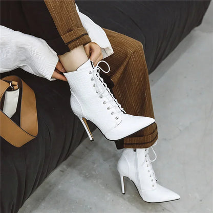 Sexy Ankle Cowboy Boots For Women Dance Shoes Fashion Snake Red White Black High Heels Lace Up Short Boot Autumn Large Size