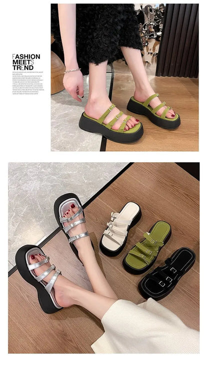 Women Thicken Soled Buckle Strap Sandals Platform High Heel Shoes Ladies Cut-Out Slippers Open Toe Flipflops Silver Beach Slides