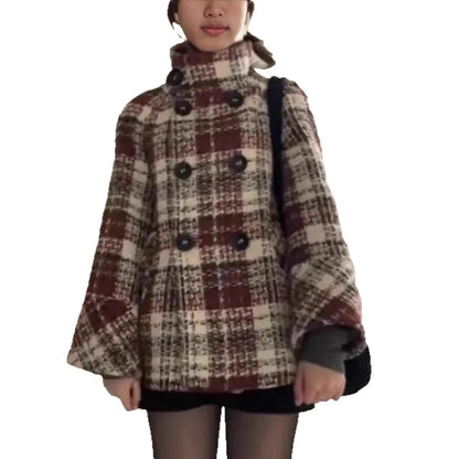 Winter Woole Coats Elegant Warm Plaid Stand Collar Pocket Coat Fashion Loose Coats Versatile Casual Female Jacket New Outerwear
