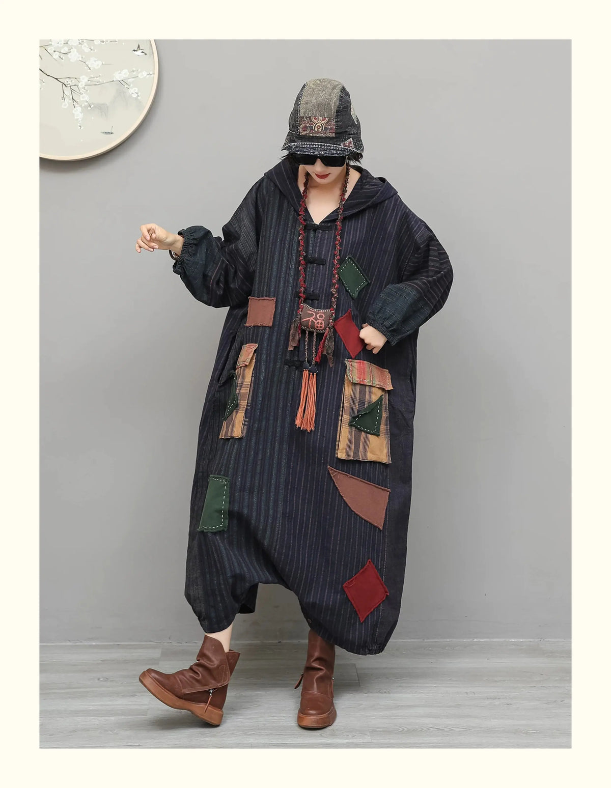 Unique Vintage-style Patchwork Jumpsuit Women Autumn Loose Hooded Long Sleeves Overalls LX6788