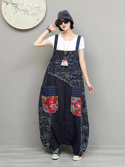 Unique Niche Women Cotton-linen Patchwork High-waist Overalls Large Pockets Sleeveless Jumpsuit LX6266