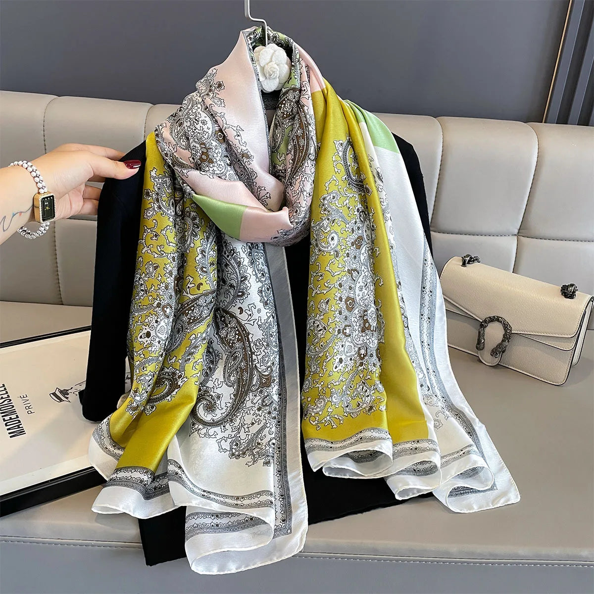 180*90cm Large Silk Satin Scarf Women Fashion Printed Scarf Spring And Summer Styles New Shawl Wrap Female Hand 2025 NEW