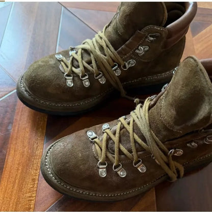 Men's Suede Leather Motorcycle Boots Rivet Mountaineering Shoes Lace-Up Metal Outdoor Mid-calf Western Hiking Boots