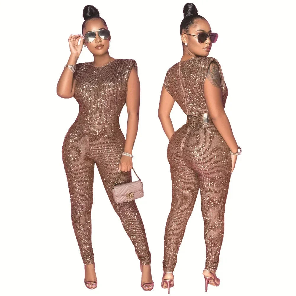 Women Sequins Sexy Jumpsuits New Sleeveless Party Skinny Solid Club Female Elegant Fashion Street Casual Belt Not Included