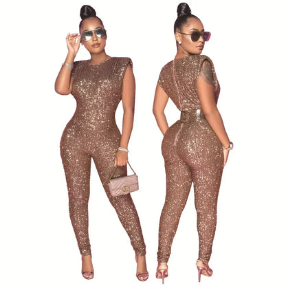 Women Sequins Sexy Jumpsuits New Sleeveless Party Skinny Solid Club Female Elegant Fashion Street Casual Belt Not Included