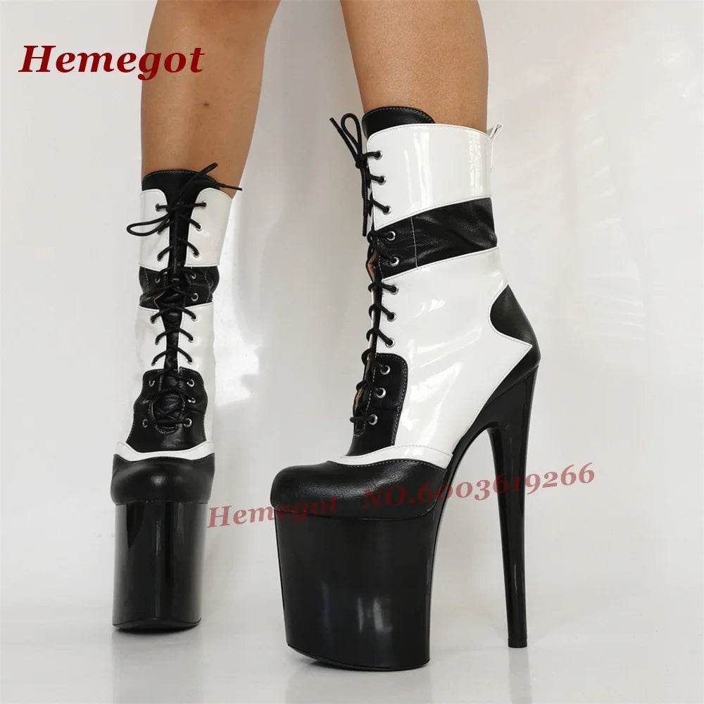 White Platform Lace-Up Ankle Boots Steel Pole Dance Performance Shoes Round Toe Stiletto High Heels Cross Tied Zip Women's Boots