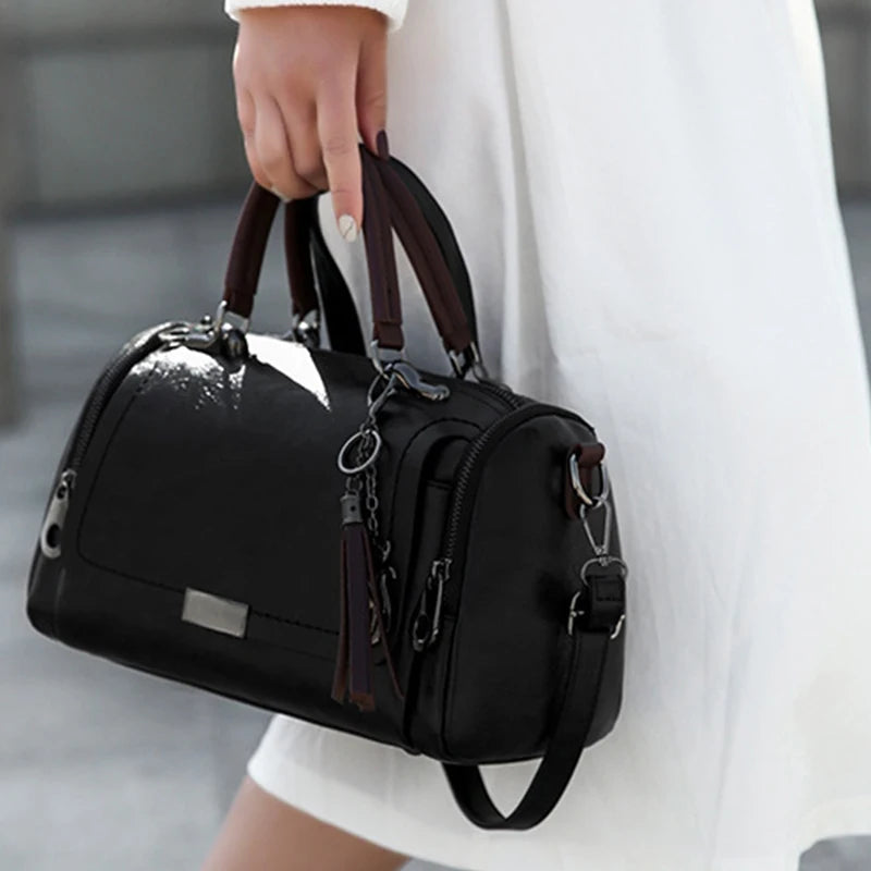 Tassel Decor Women's Large Capacity Shoulder Bag Fashion Zipper Crossbody Bag With Removable Strap Boston Handbag