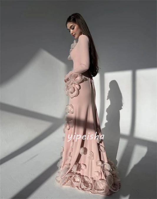 Customized High Quality Women Jersey Handmade Flower Beading Mermaid Evening Dresses Classic High Collar Long Sleeves Party Gown