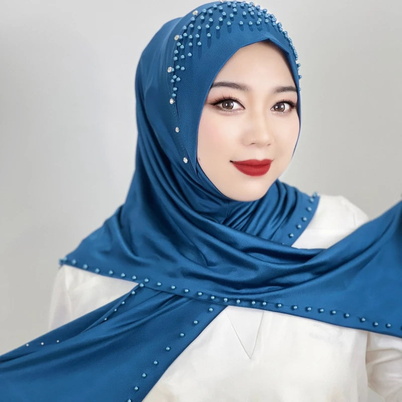 2026 Fashion Versatile Beaded Hijab for Women,Mid-Length Convenient Pull-over Hat Scarf,Malay Shawl Pure Color Women's Headscarf