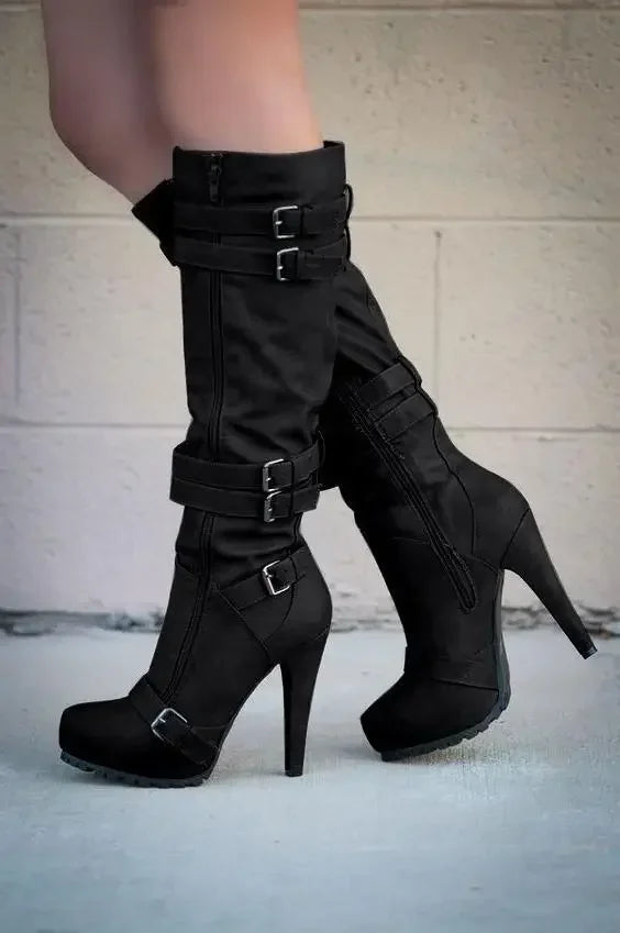 Fashion Women's Boots Knee High Mature Fashion Boots 9CM Stiletto European and American Style Side Zipper Round Head Women Shoes