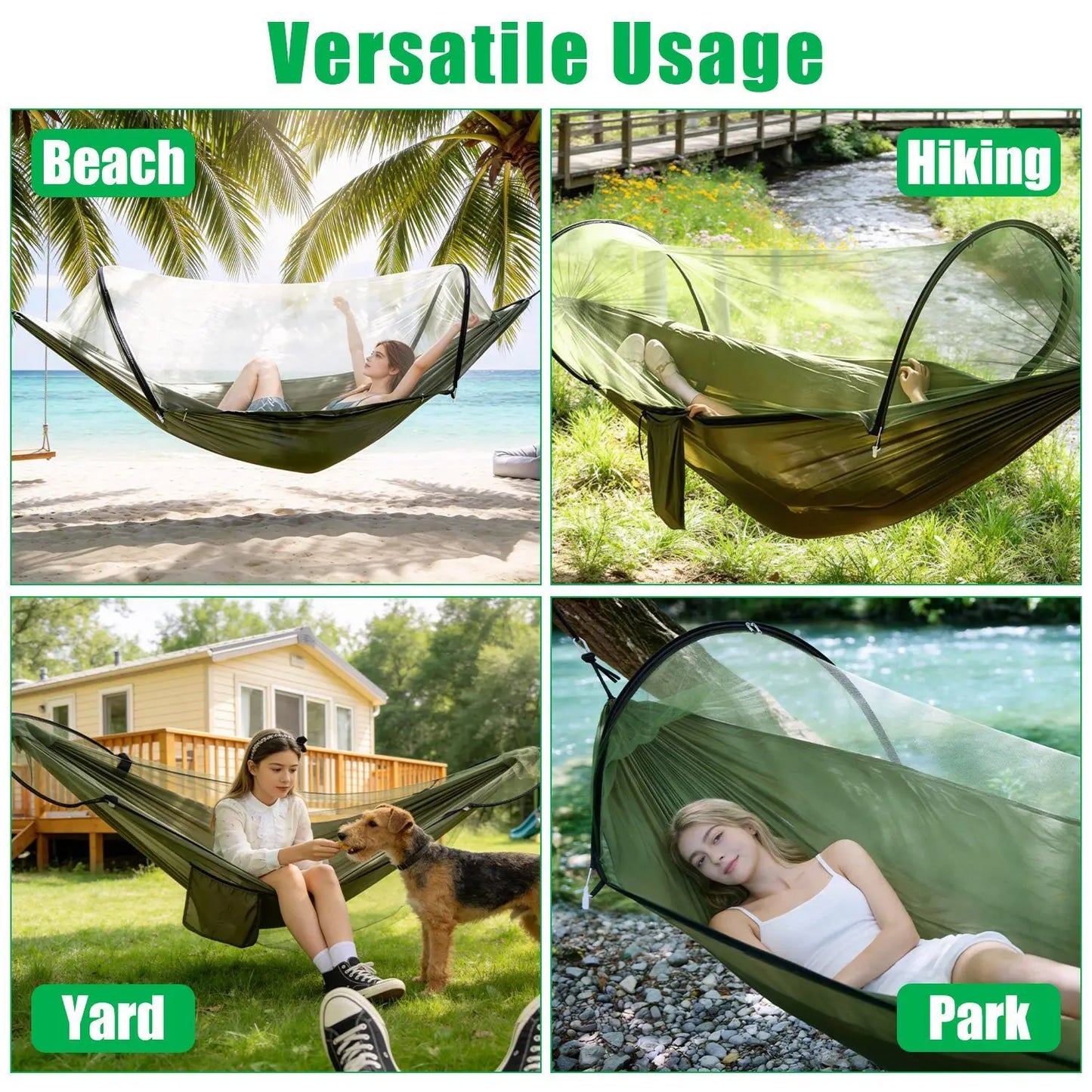 3-in-1 Camping Hammock with Automatic Pop-Up Mosquito Net, Lightweight 70D Nylon Portable Hammock Supports 440lbs, Dual Zipper Outdoor Hammock for Camping Hiking Backpacking Beach Backyard