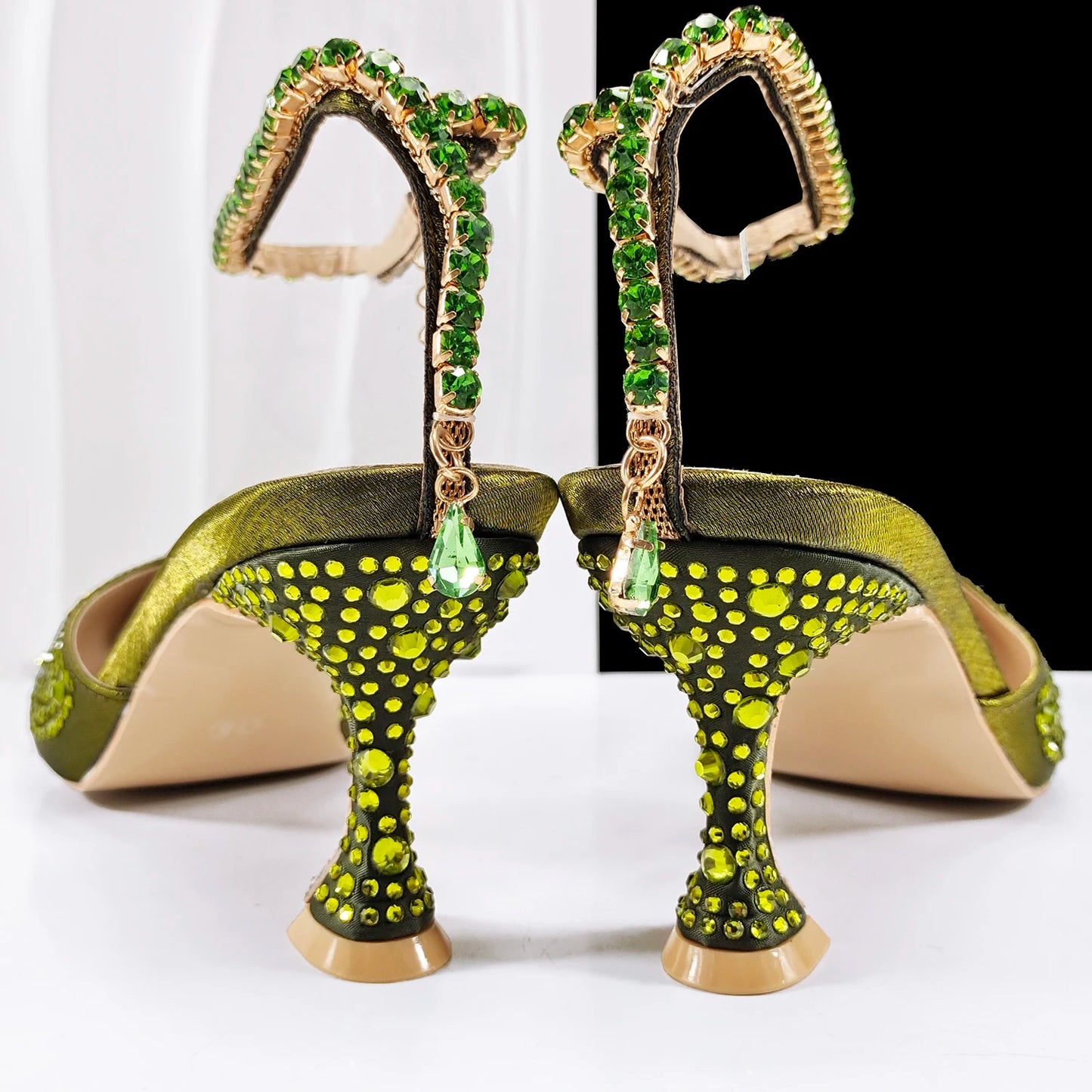 Newest Noble and Elegant Combination Style Colorfulr Rhinestone Design Olive Color Party Wedding Pointed Toe High Heel and Bag