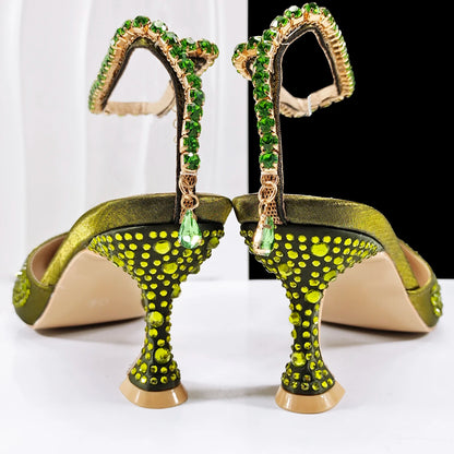 Newest Noble and Elegant Combination Style Colorfulr Rhinestone Design Olive Color Party Wedding Pointed Toe High Heel and Bag